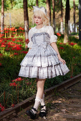 Grey [Cloth Cat] Triple-Layered Print Ruffle Bowknot Sweet Lolita Dress - Product - 6
