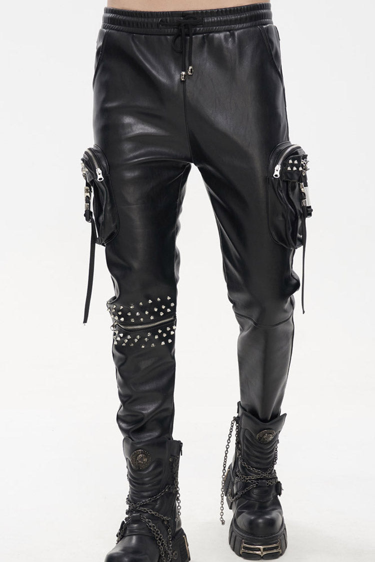 Black Punk Leather Metal Rivets Zipper Stereoscopic Side Pockets Men's Pants - Product - 1