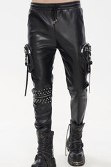Black Punk Leather Metal Rivets Zipper Stereoscopic Side Pockets Men's Pants - Product - 1