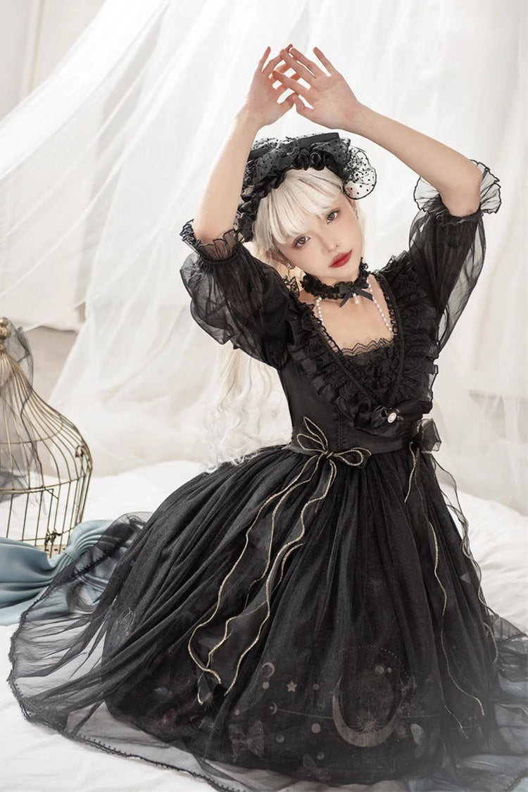 Black High Waisted Planet Butterfly Print Ruffle Lace Gothic Lolita Dress - Product - 7
