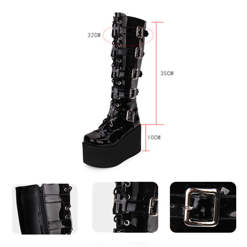 Black Cross Patent Leather Lace Up Long Gothic Lolita Boots - Product - 6