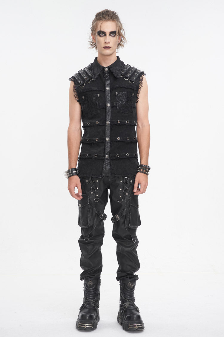 Black Lapel Collar Studded Slim Men's Punk Vest - Product - 2