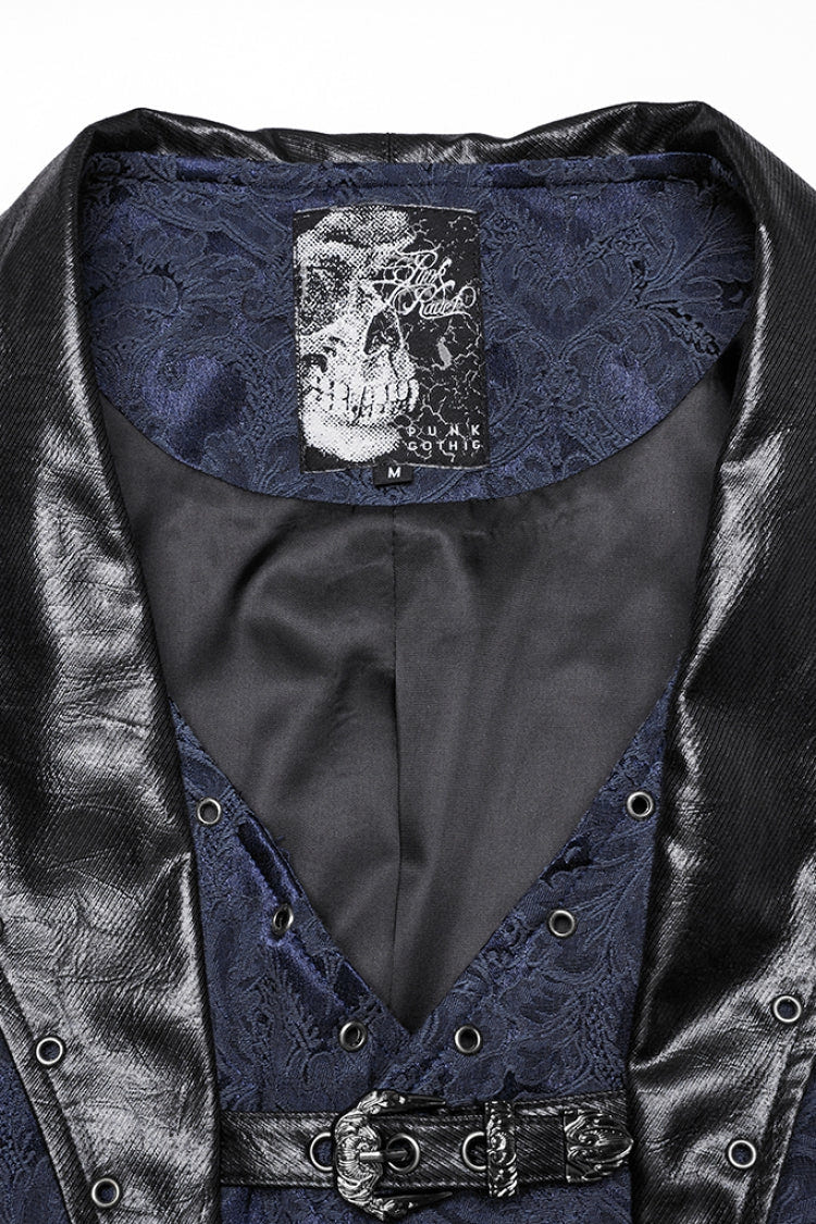 Black/Blue Lapel V-neck Sleeveless Jacquard Buckle Men's Gothic Vest - Product - 5