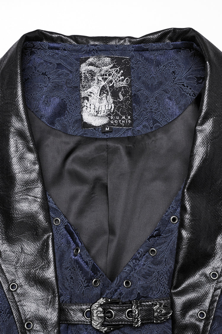 Black/Blue Lapel V-neck Sleeveless Jacquard Buckle Men's Gothic Vest - Product - 5
