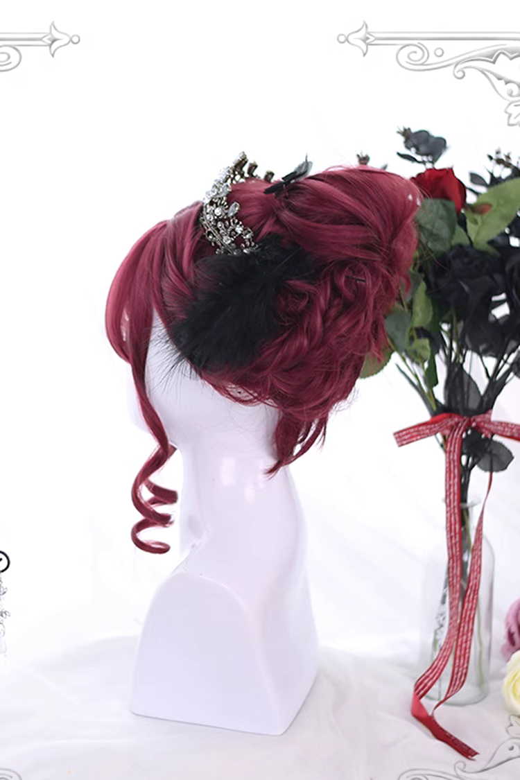 Dark Red Short Curly Hair Gothic Lolita Wigs - Product - 4