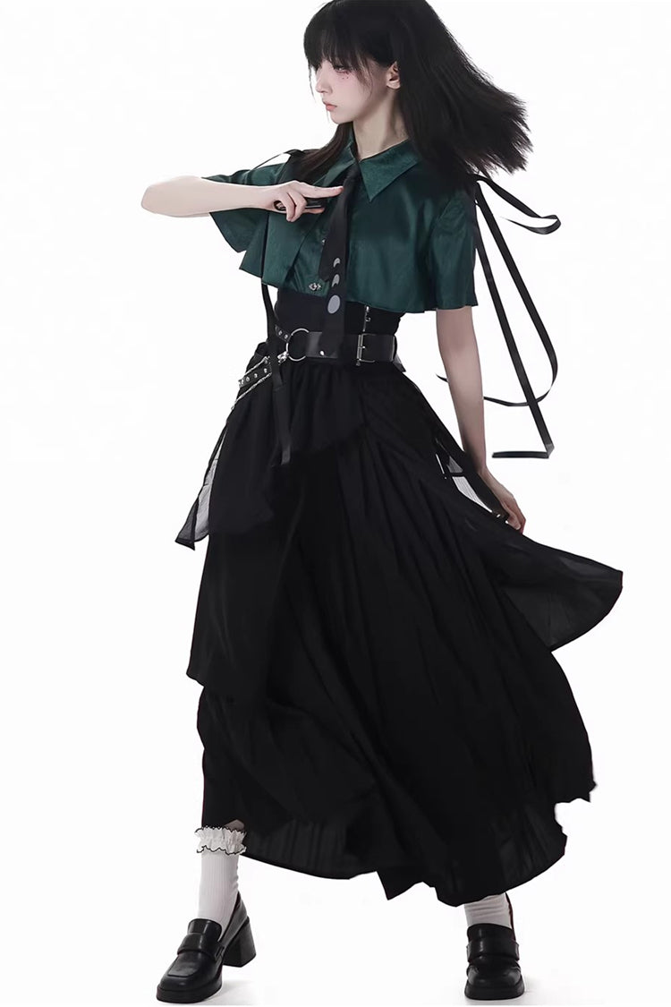 Green/Black [Moonlight Flowing] Long/Short Sleeves Ruffled Asymmetric Gothic Jirai Kei Skirt Set - Product - 5