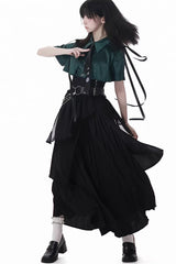 Green/Black [Moonlight Flowing] Long/Short Sleeves Ruffled Asymmetric Gothic Jirai Kei Skirt Set - Product - 5