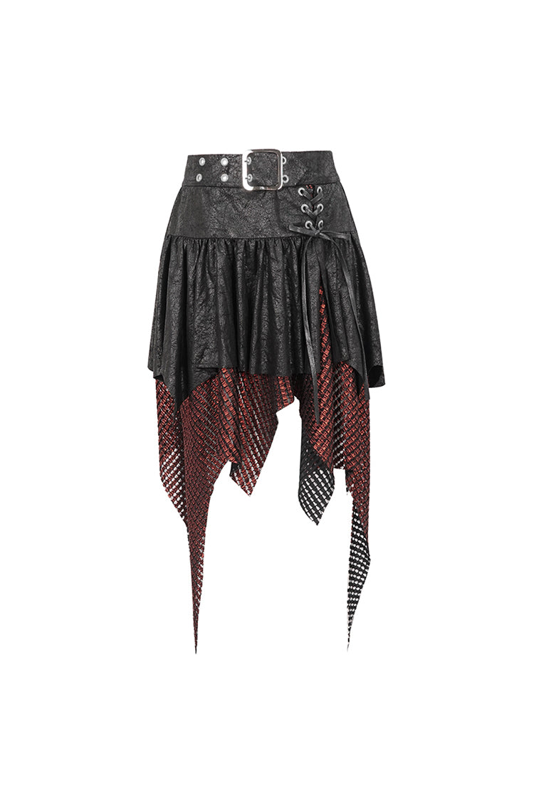 Red/Black Lrregular Mesh Splice Buckle Women's Gothic Skirt - Product - 8
