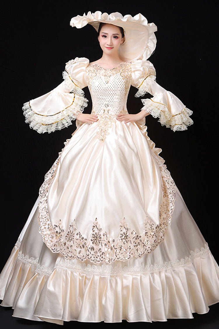 White Court Style High Waisted Flowers Decoration Hime Sleeves Victorian Lolita Prom Dress - Product - 5