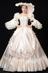White Court Style High Waisted Flowers Decoration Hime Sleeves Victorian Lolita Prom Dress - Product - 5