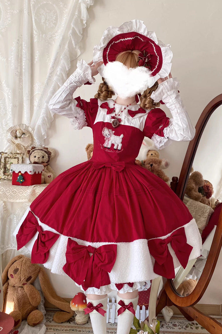 Red [Shepherd Girl’s Poem] Doll Collar Short Sleeves Ruffled Bow Sweet Lolita Dress - Red - 1