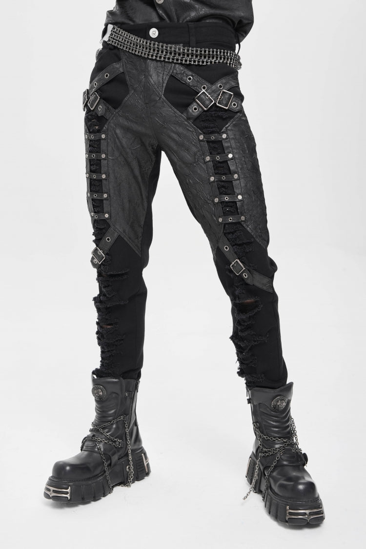Black Ripped Buckle Straps Men's Punk Pants - Product - 11