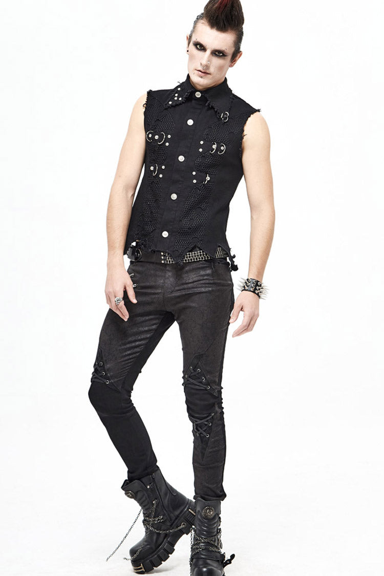 Black Worn Out Twill Mesh Decoration Rough Selvedge Hem Heavy Metal Men's Punk Waistcoat - Product - 8