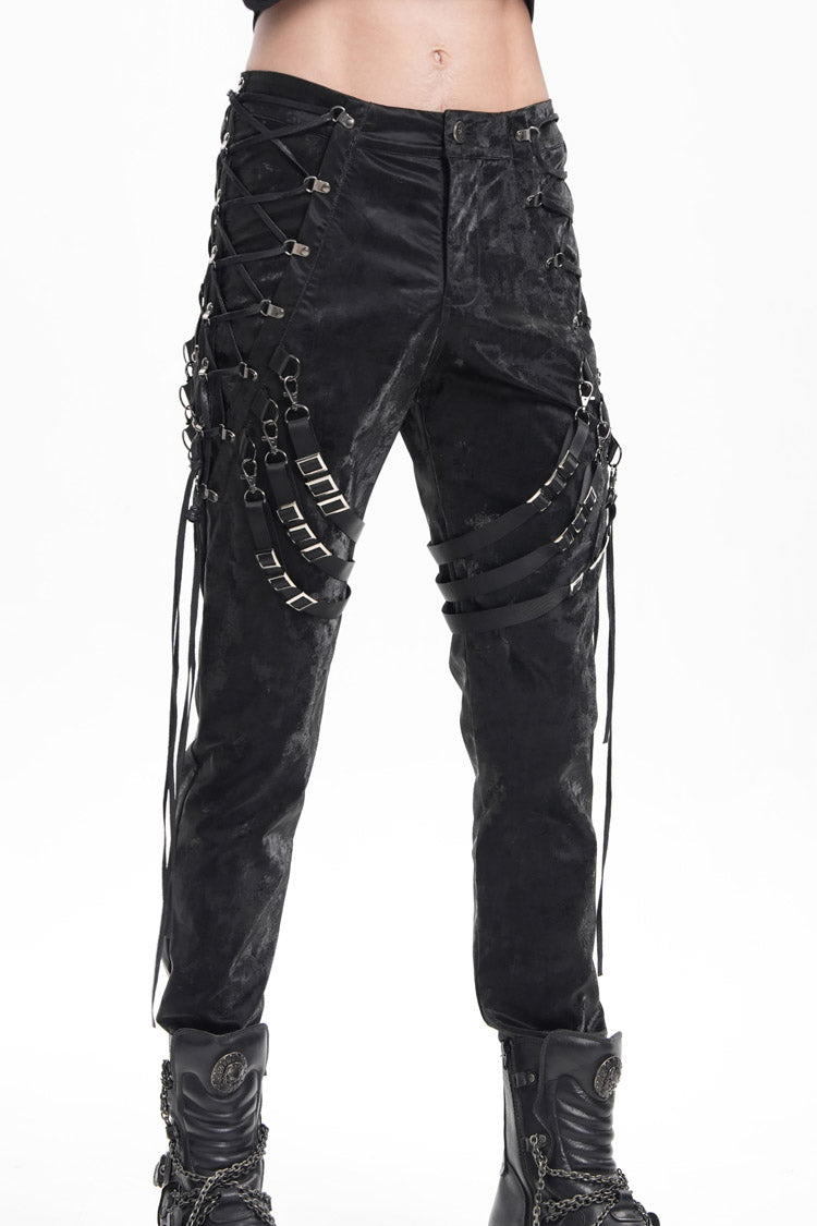 Black Buckle-up Spaghetti Straps Stitching Men's Gothic Pants - Product - 7
