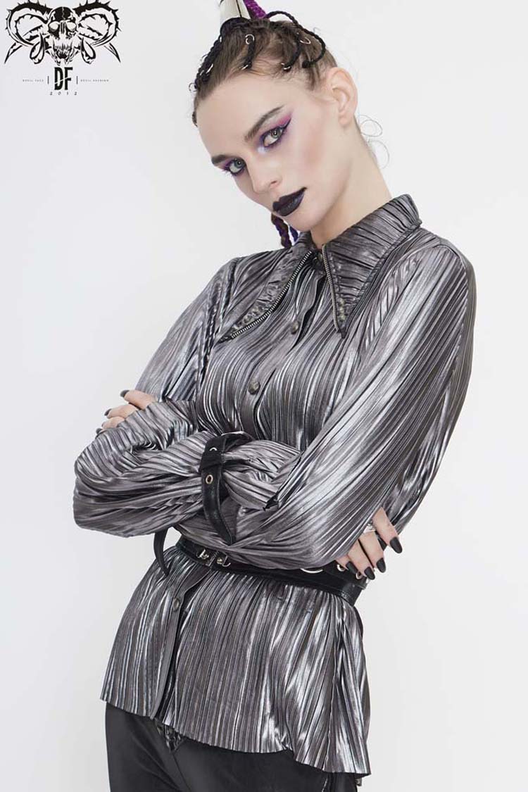 Silver Metal Buckles CuffPleated Pointed Collar Leather Loops Punk Shirt - Product - 8
