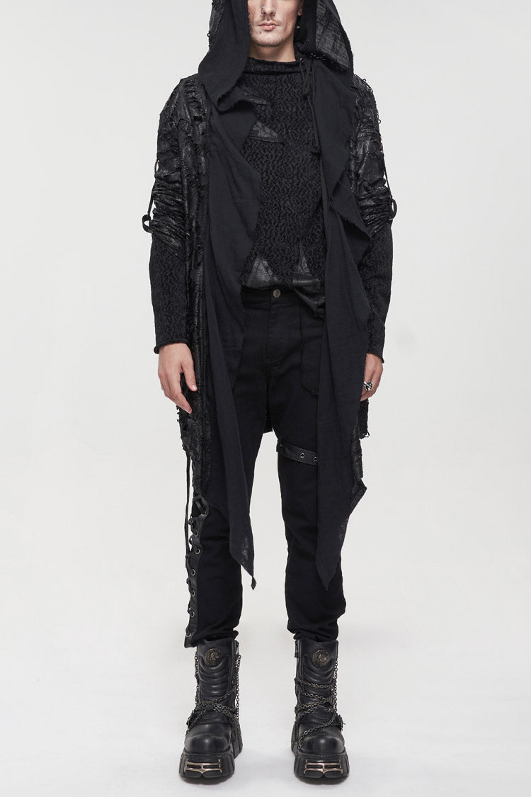 Black Irregular Sharp Corner Hem Tattered Knitted Stitching Design Four Seasons Casual Men's Punk Jacket - Black - 1