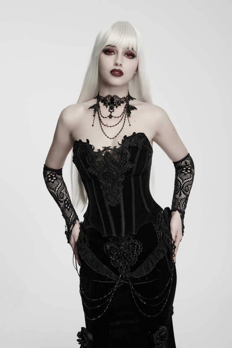 Black Lace Lace-Up Slim Fit Asymmetric Zippered Strappy Women's Gothic Balletcore Bustier Corset - Product - 7