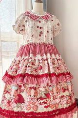 Red [Bear Strawberry Ode] Print Short Sleeves Double-Layered Ruffle Bowknot Sweet Princess Lolita Jsk Dress - Product - 6
