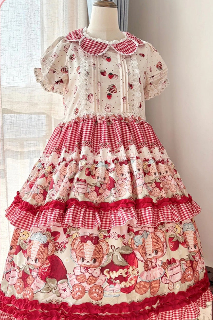 Red [Bear Strawberry Ode] Print Short Sleeves Double-Layered Ruffle Bowknot Sweet Princess Lolita Jsk Dress - Product - 6