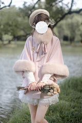 Pink Long Sleeves Lace Sweet Japanese Lolita Fluffy Cloak Coat - Pink - 1