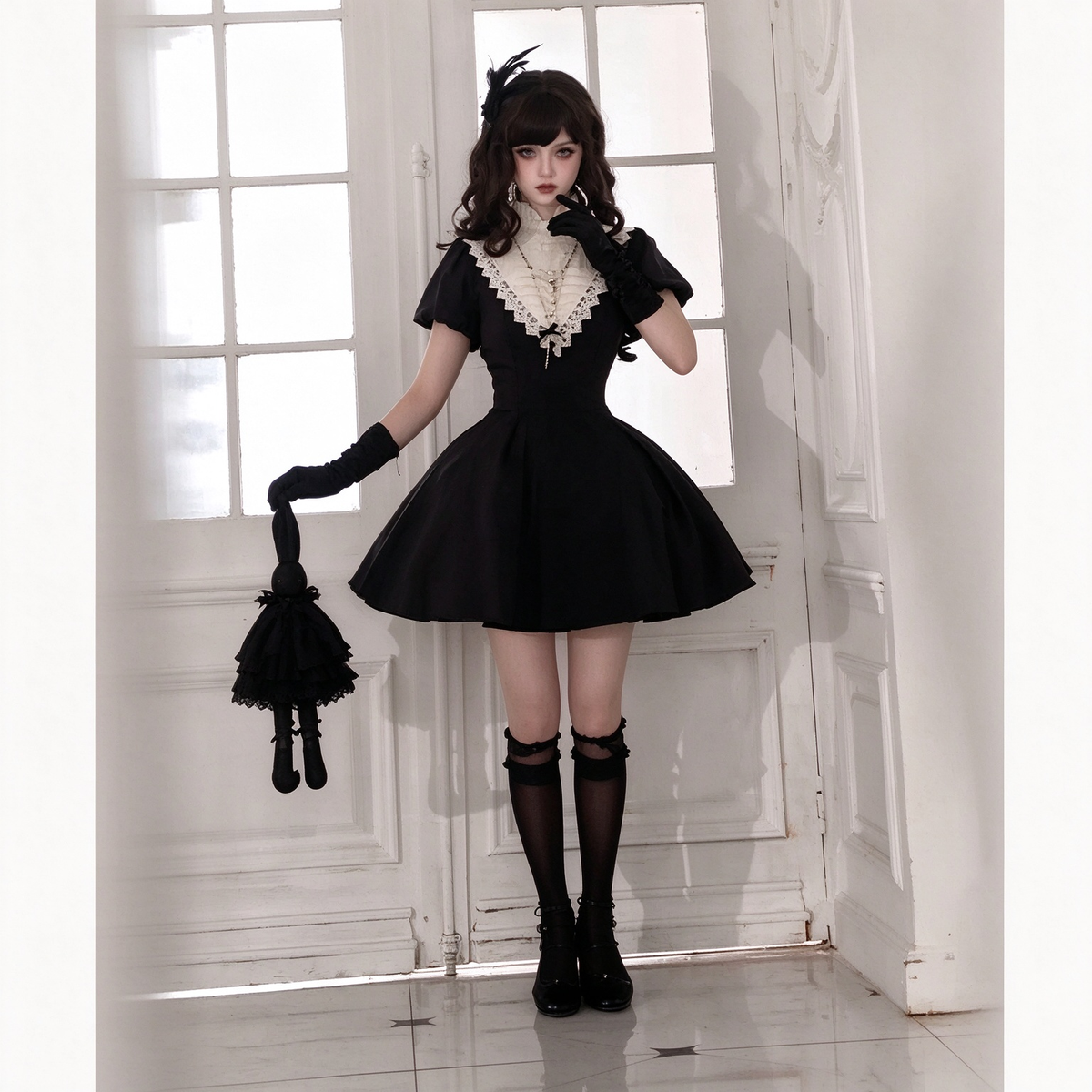 Black and White Plaid Ruffled Maid Lolita Dress with Apron Bow Accent - view 14