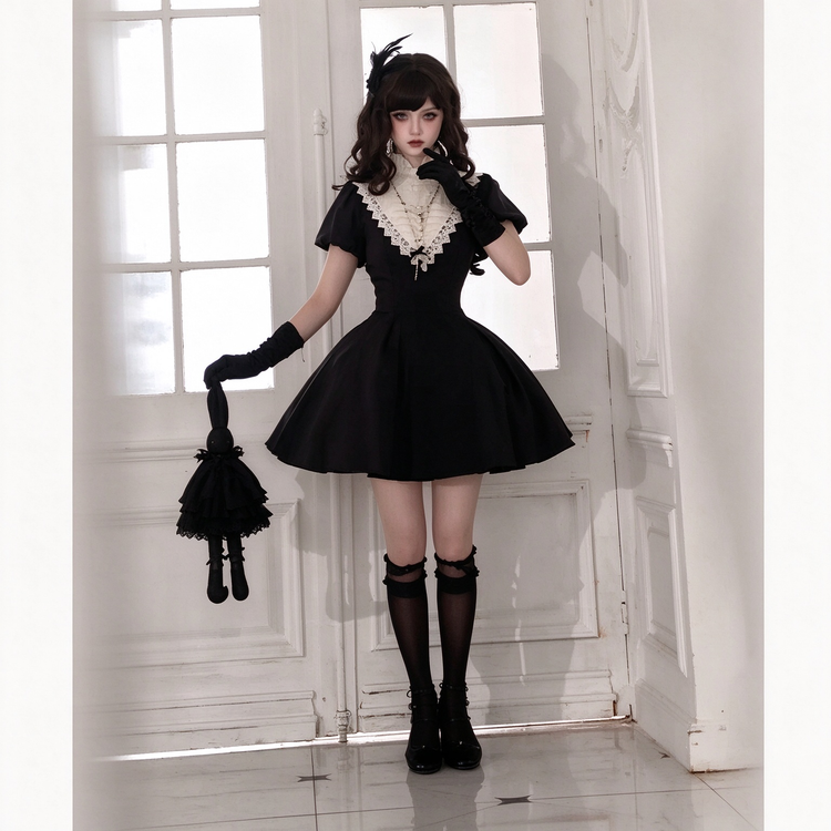 Black and White Plaid Ruffled Maid Lolita Dress with Apron Bow Accent - view 14