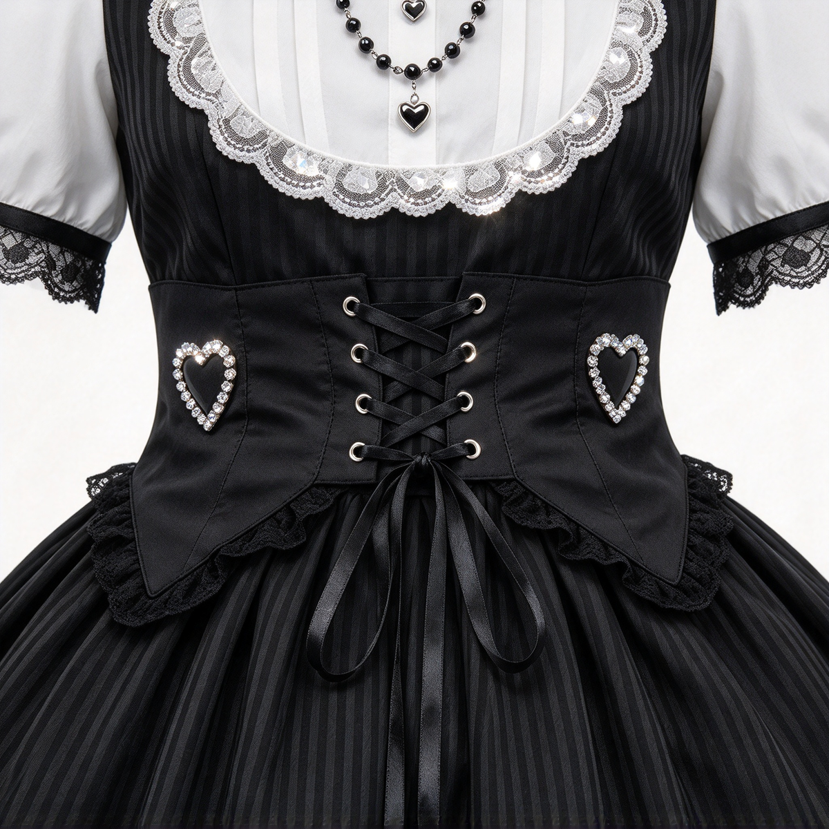 Black and White Striped Ruffled Maid Lolita Dress with Vest Bow Accent - view 3