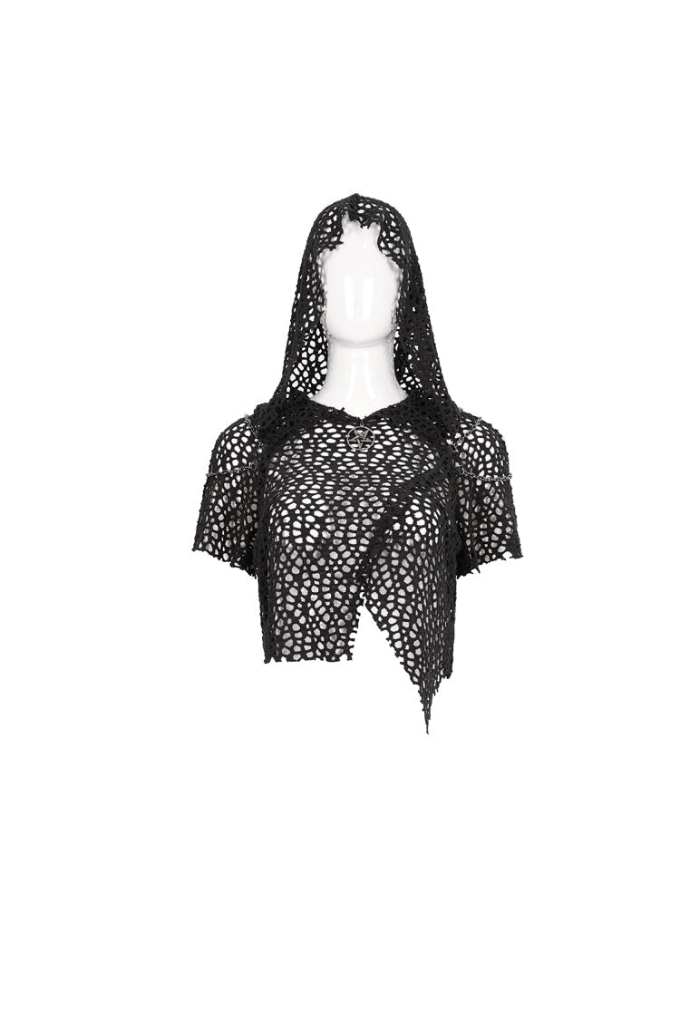 Black Cutout Hood Irregular Hem Aluminium Chain On Shoulder Short Sleeve Women's Punk T-Shirt - Product - 5