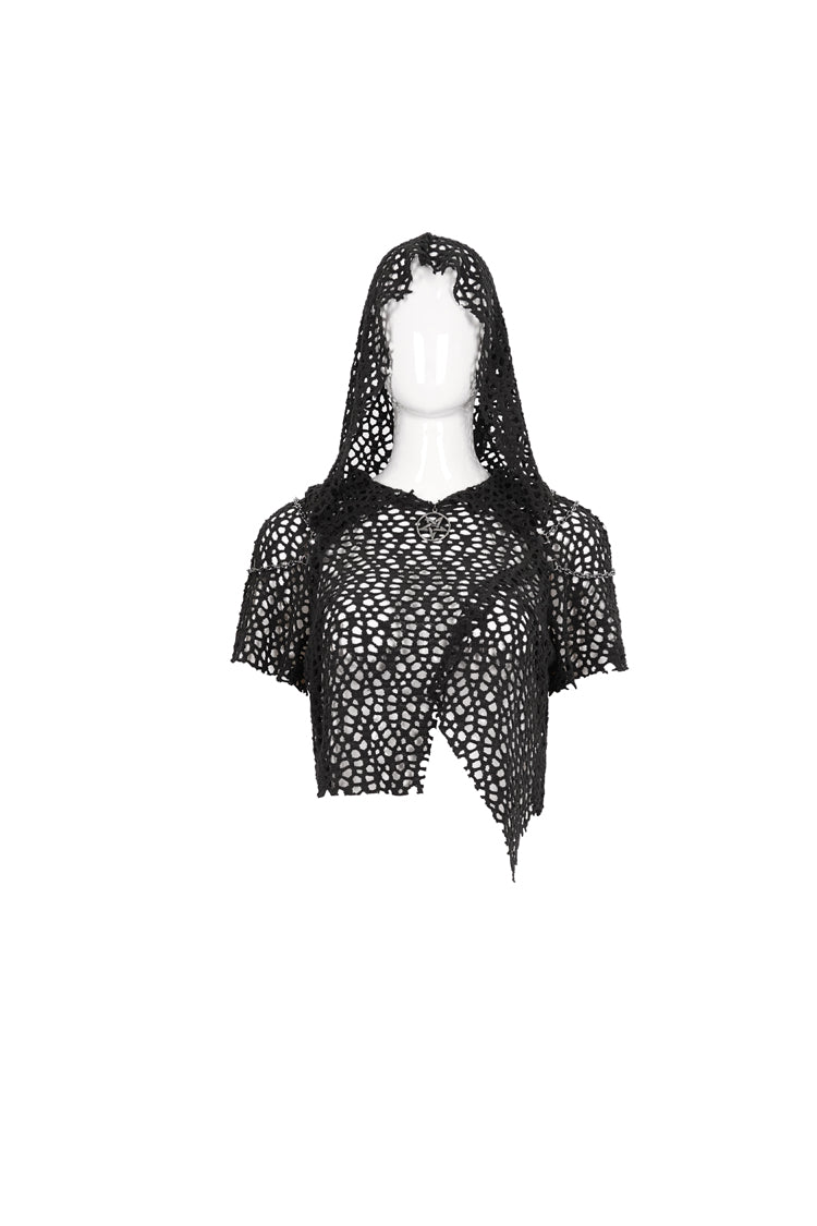 Black Cutout Hood Irregular Hem Aluminium Chain On Shoulder Short Sleeve Women's Punk T-Shirt - Product - 5