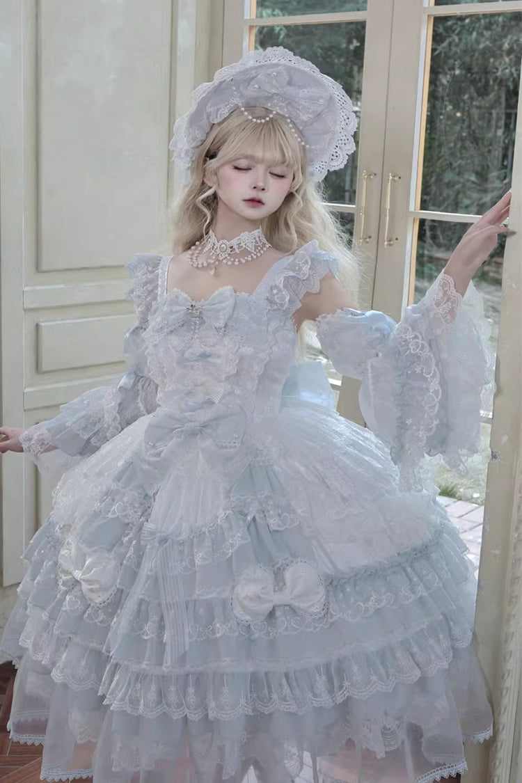 Blue [Prelude of Spring] Sleeveless Multi-Layered Ruffled Bow Lace Sweet Princess Lolita Jsk Dress - Product - 11