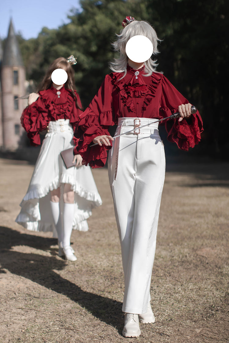 White [Day and Night Song] Long Sleeves Ruffle Ouji Gothic Lolita Skirt Pants - Product - 18