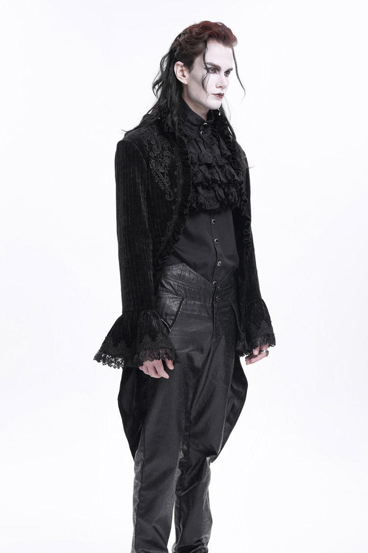 Black Stand Collar Swallow-tailed Long Sleeves Lace Men's Gothic Jacket - Product - 5