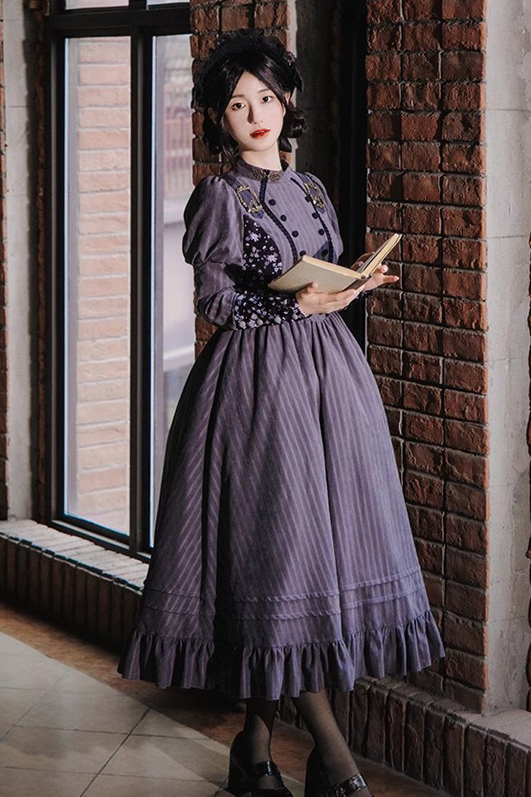Gray Stripes Print Long Sleeves Classic Lolita Dress - Product - 2