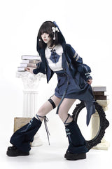 Blue [Indigo Shadow Journey] Stand Collar Long Sleeves Embroidered Hooded Asymmetric Punk Ouji Lolita Dress Four-Piece Set - Product - 16
