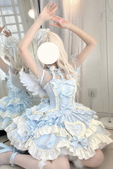 Blue [Heart of Butterfly] Halterneck Sleeveless Multi-Layered Ruffle Embroidery Princess Ballet Lolita Jsk Dress Set - Product - 3