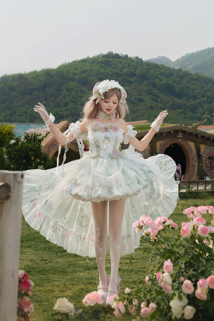 Green [Spring Rose] Sleeveless Multi-Layered Bowknot Lace-Up Fishbone Sweet Lolita Jsk Dress - Product - 7