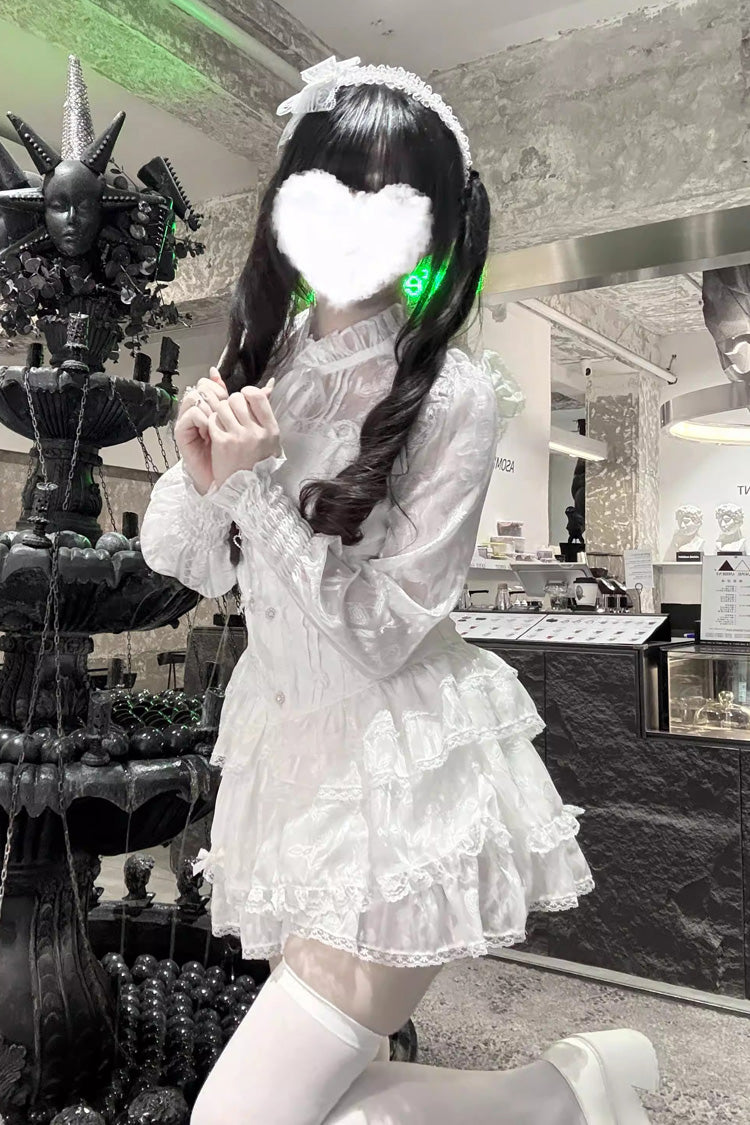 [Rose Bible] Long Sleeves Triple-Layered Multi-Layered Jacquard Ruffled Lace-Up Gothic Jirai Kei Japanese Blouse and Pumpkin Shorts Set 2 Colors - Product - 10