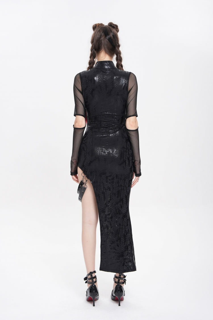 Black Stand Collar Long Sleeves Stitching Lace-Up Mesh Women's Punk Dress with Detachable Strap - Product - 4