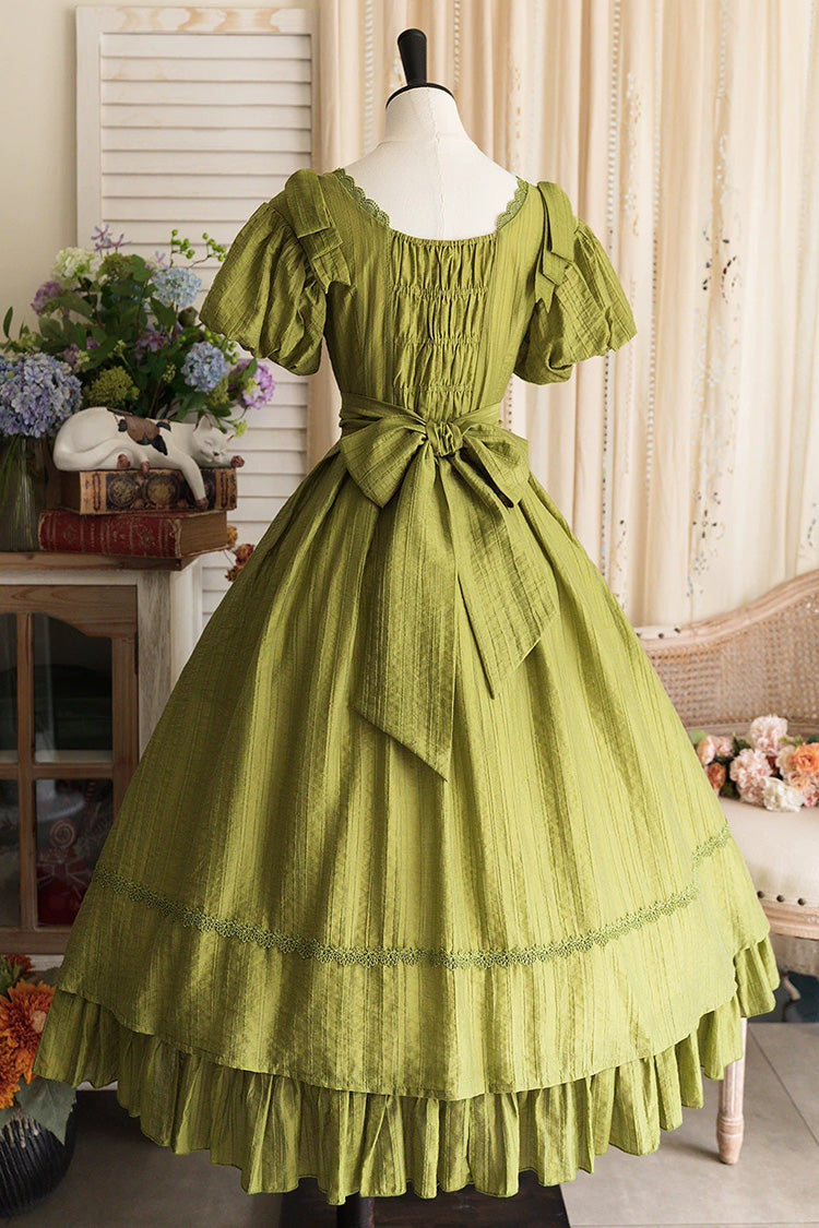 Green [Forest Gallery] Square Collar Short Sleeves Ruffled Bow Classic Vintage Elegant Lolita Dress - Product - 3
