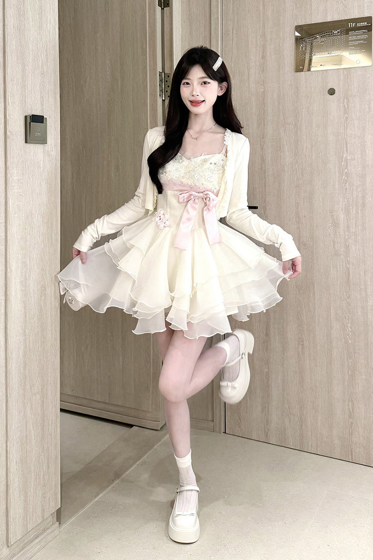 Ivory [Radiant Heiress] Sleeveless Multi-Layered Ruffled Embroidered Bow Pearl Detail Sweet Lolita Jsk Dress - Product - 7