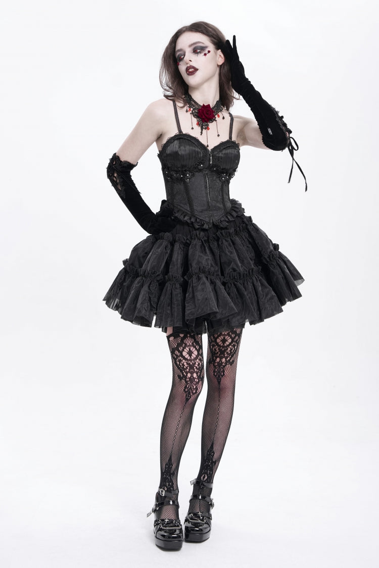 Black Sleeveless Ruffle Embroidery Lace-Up Women's Gothic Tank Top - Product - 9