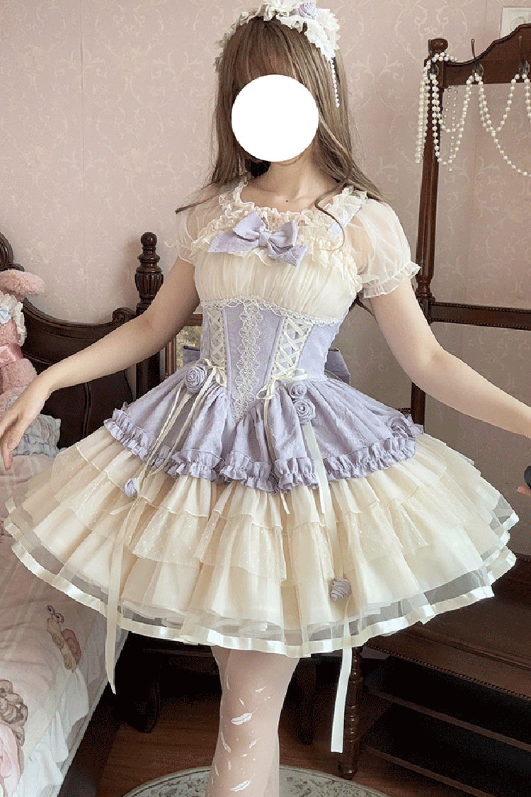 Purple/Ivory Dance of Time Triple-Layered Ballet Style Bowknot Lace-Up Sweet Lolita Jsk Dress - Product - 4