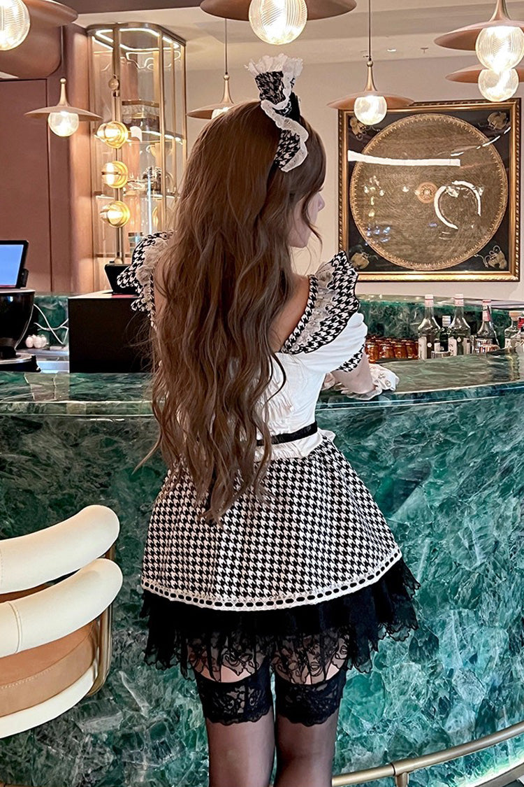 Black/White [Lovely Houndstooth] Square Collar Short Sleeves Print Ruffle Bowknot Lace Maid Sweet Lolita Dress - Product - 7