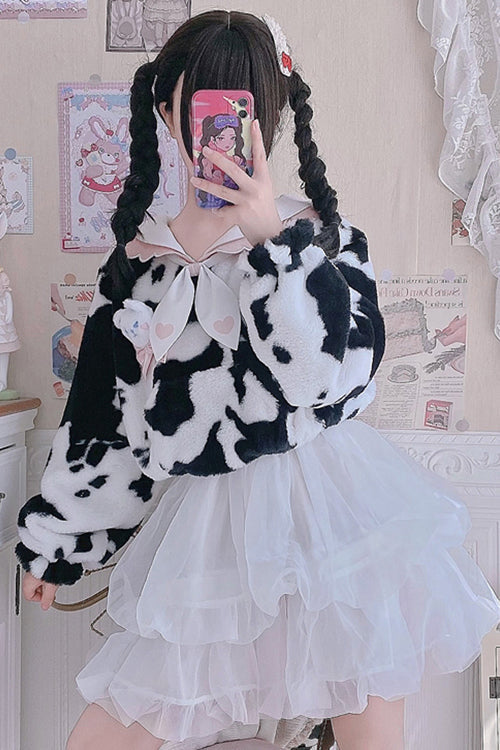 White/Black Round Collar Plush Cow Series Sweet Lolita Coat - Product - 3