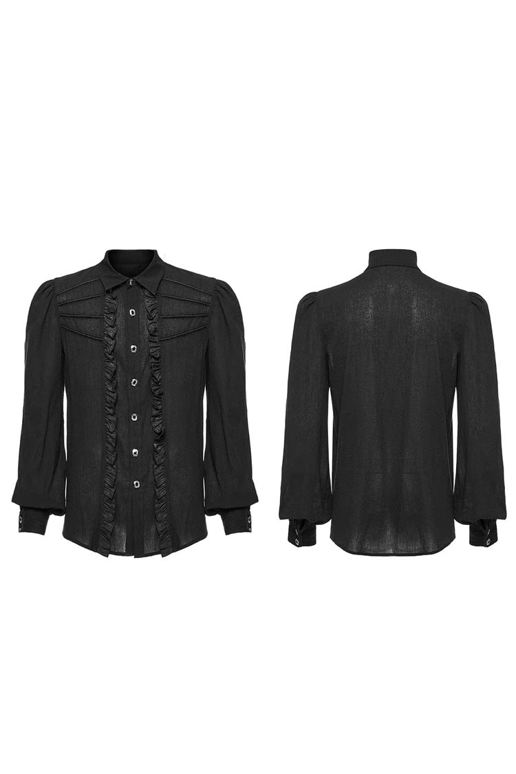 Black Hand-Stitched Button Pleated Long Puff Sleeves Ruffle Mens Gothic Blouse - Product - 5
