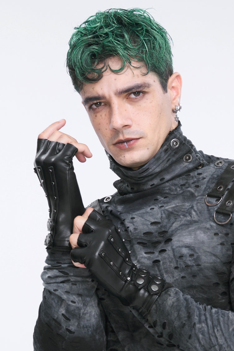 Black Studded Buckled Men's Punk Accessory Faux Leather Half-finger Gloves - Product - 9