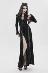Black Halterneck Long Trumpet Sleeves Hanayome Lace Lace-Up Slim Chain-Decorated Women's Gothic Dress Plunging Split Maxi Dress - Black - 1