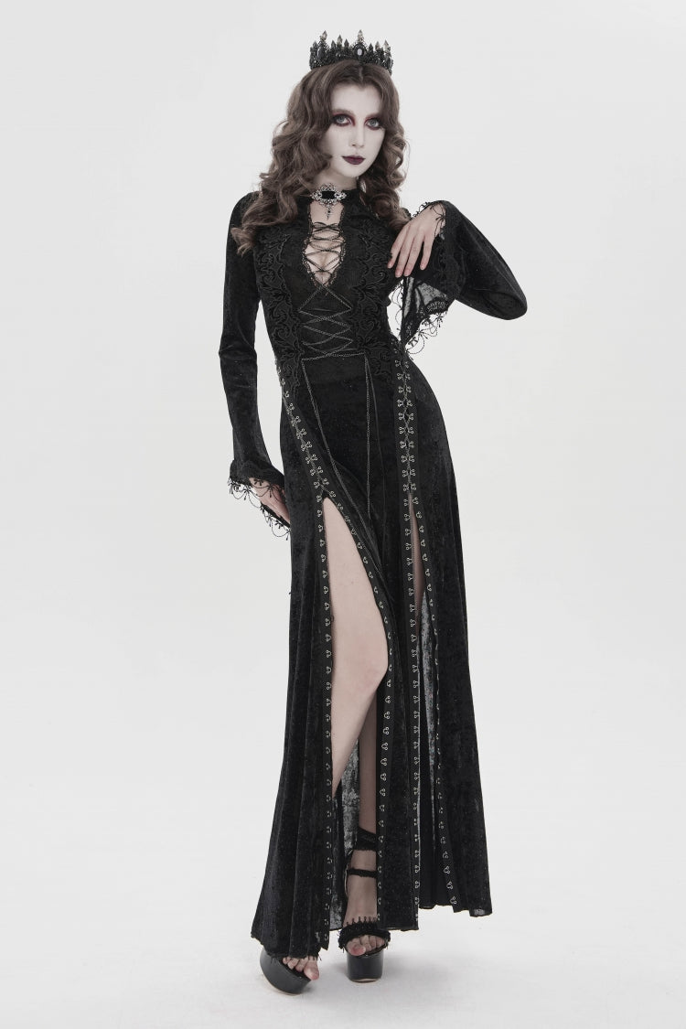 Black Halterneck Long Trumpet Sleeves Hanayome Lace Lace-Up Slim Chain-Decorated Women's Gothic Dress Plunging Split Maxi Dress - Black - 1