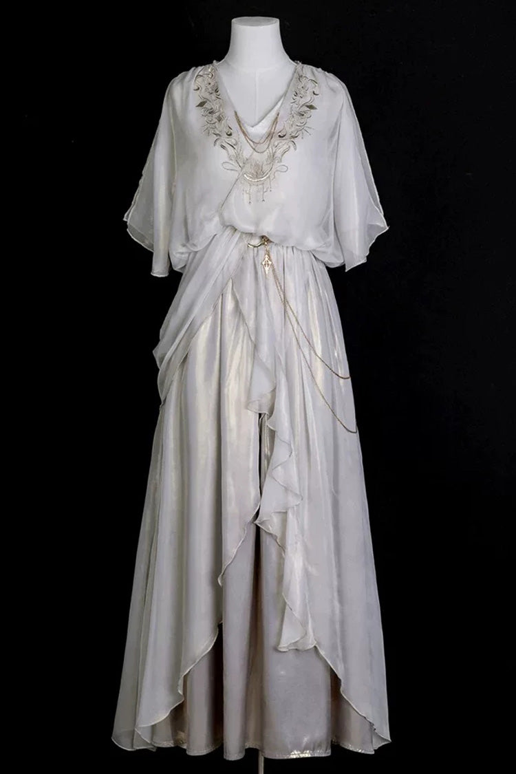 White [Angel of Judgment] Greek-Inspired V Collar Sleeveless Ruffled Embroidered Asymmetric Sweet Lolita Jsk Dress Set - Dress(Only) - 12