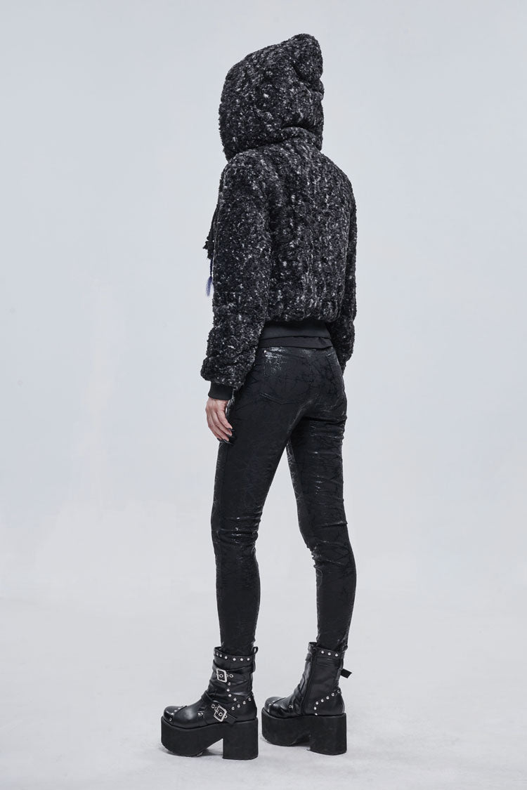 Black/White Two Tone Woolen Grain Fleece Metal Five Pointed Star Zipper Women's Punk Coat - Product - 5
